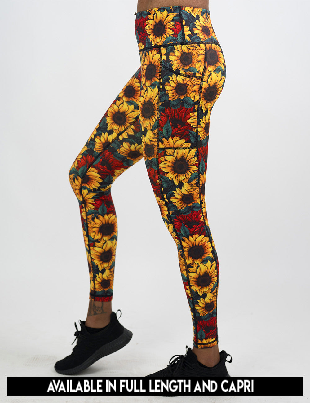 available lengths for the sunflower with red flowers leggings, lengths include full length and capri
