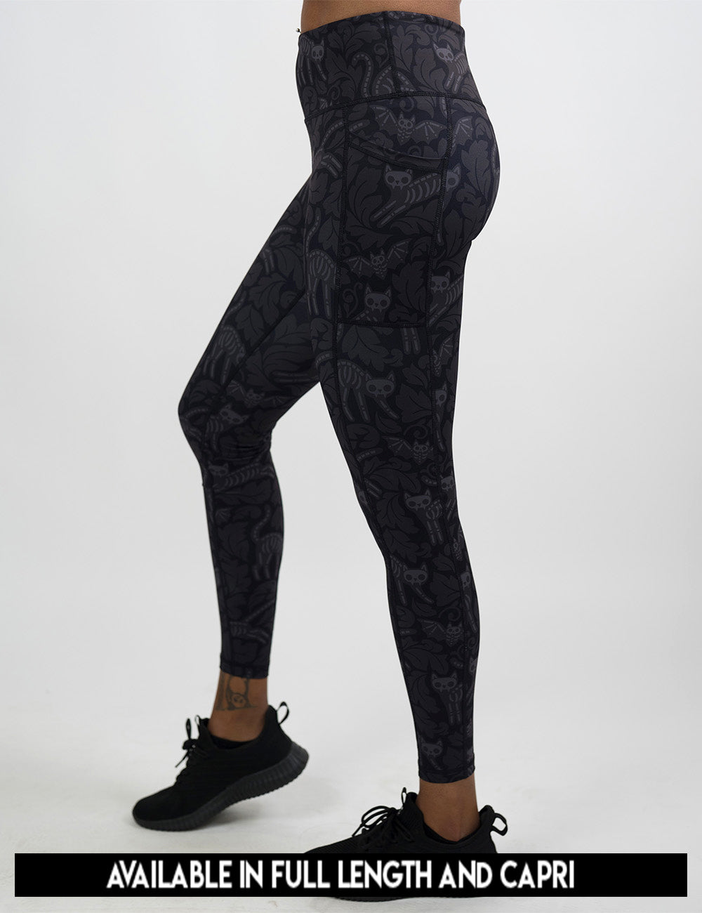 available length for the black and grey bats and cats skeletons leggings, lengths include full length and capri