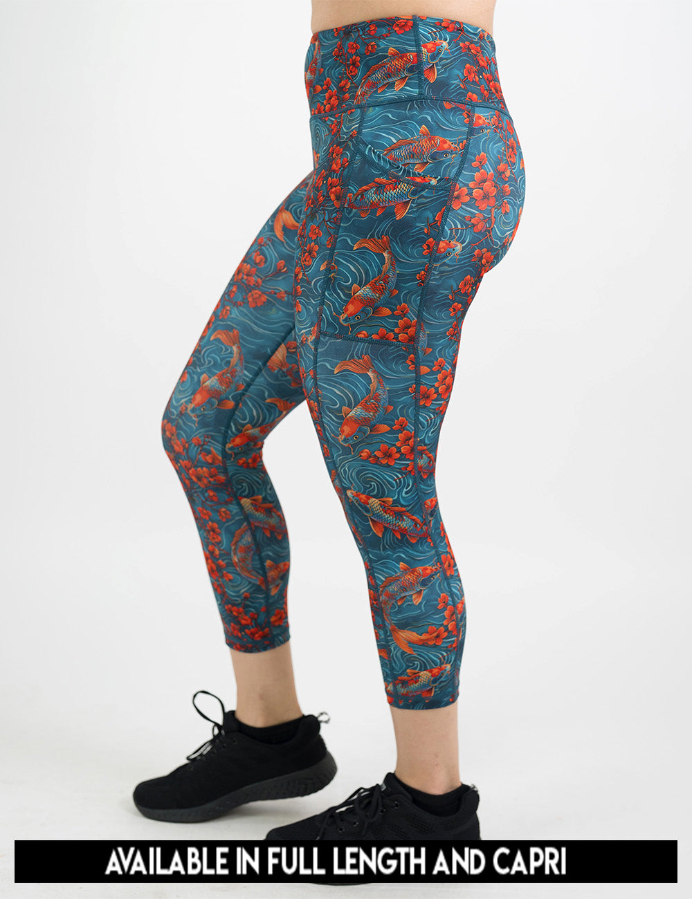 available lengths for the koi fish swimming with orange flowers leggings, lengths include full length and capri