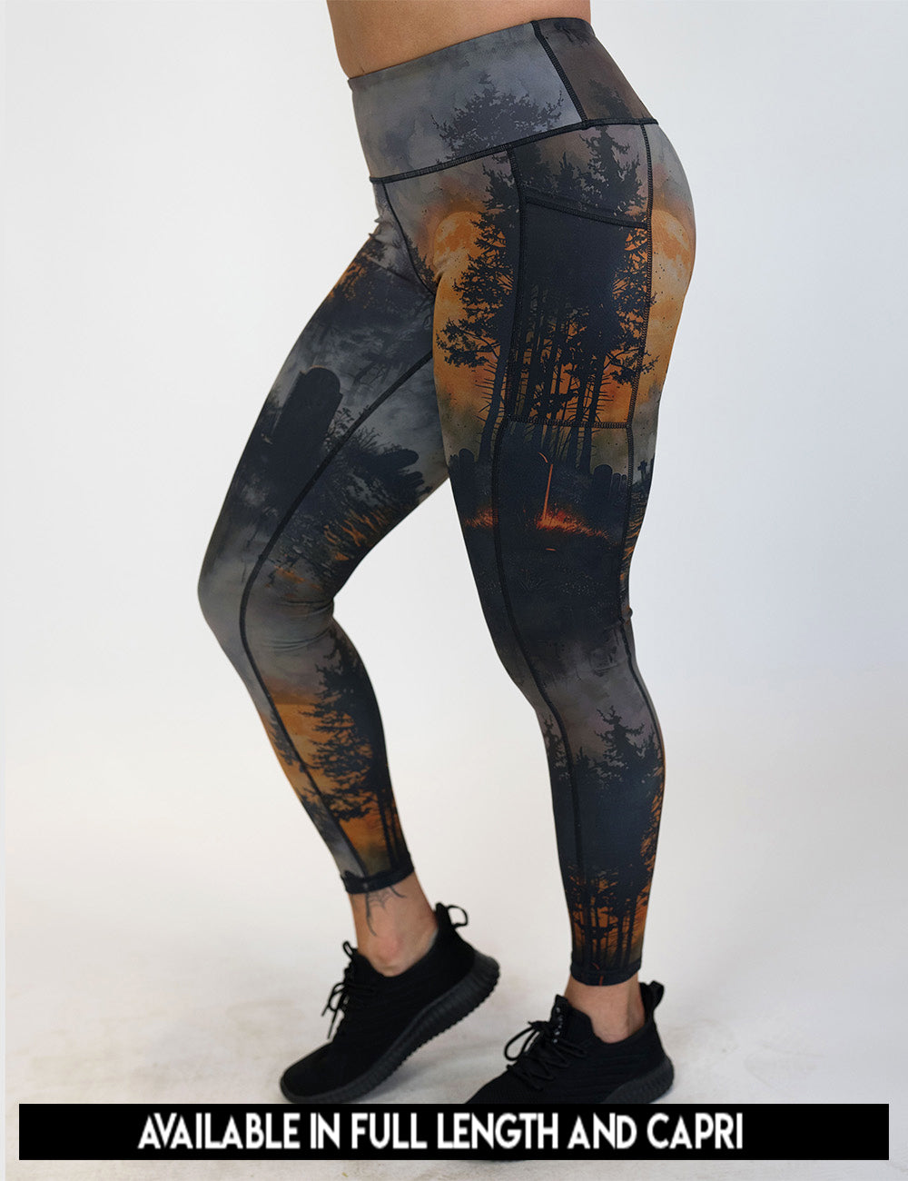 available lengths for the dark cemetery with a full moon leggings, lengths include full length and capri