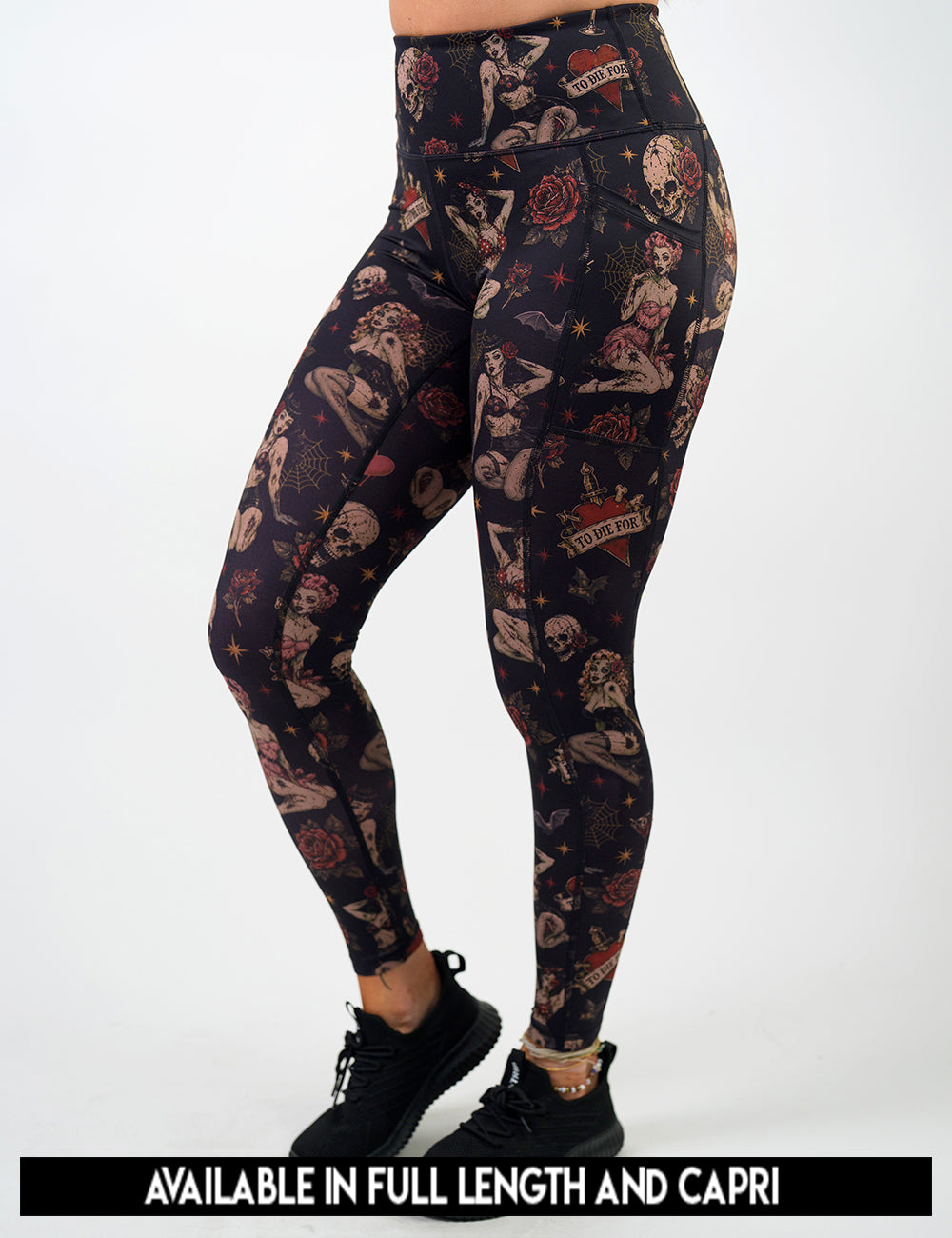 available lengths for the zombie girls with pin up hair and traditional tattoo designs leggings, lengths include full length and capri