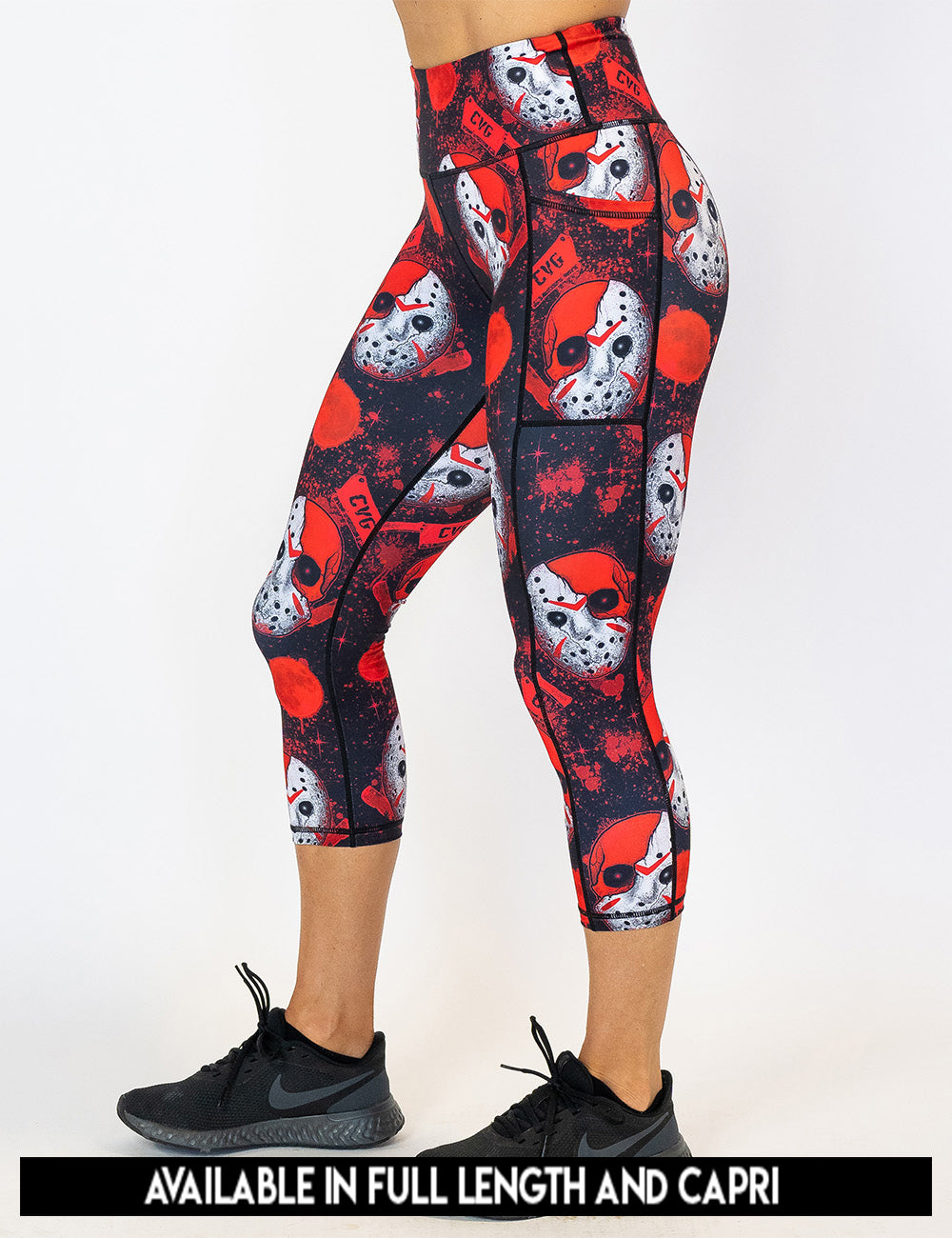 available lengths for the bloody hocky mask leggings, lengths include full length and capri