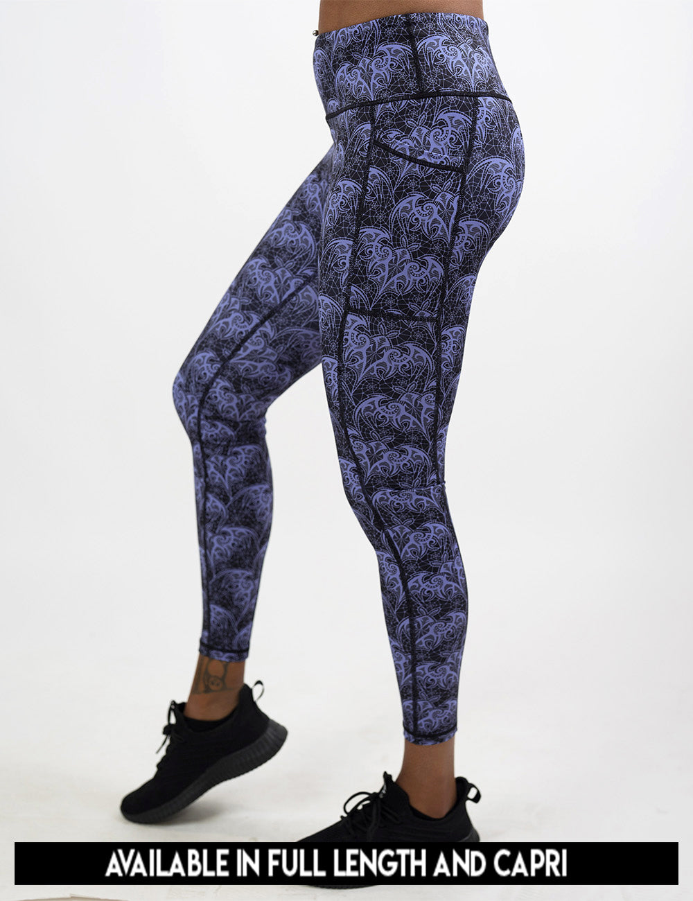 available lengths for the purple lace bats leggings, lengths include full length and capri