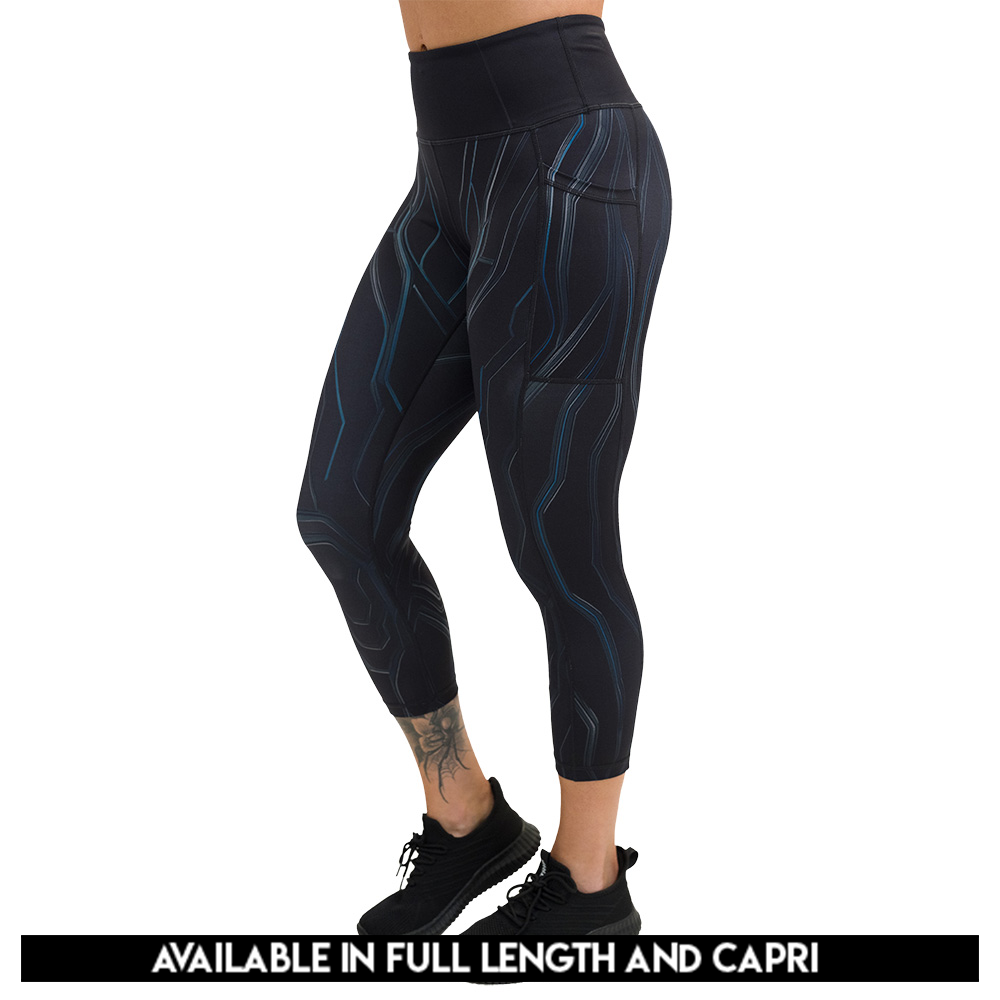 available lengths for black leggings with a blue pattern, the leggings are available in full length or capri