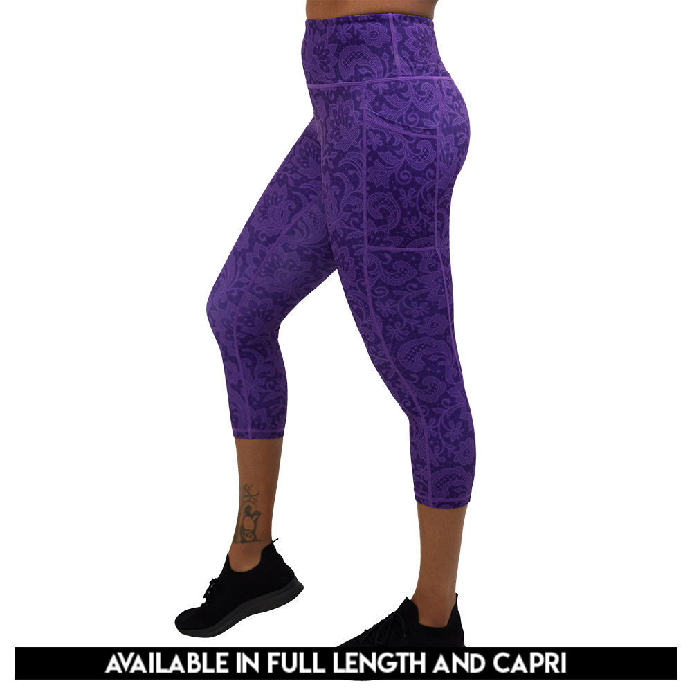 available sizes for the purple flower artwork leggings, sizes include full length and capri