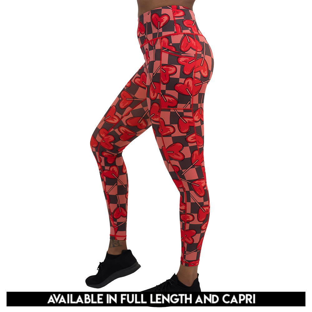 available lengths for the heart lollypops on a checker board background pattern leggings, lengths include full length and capri