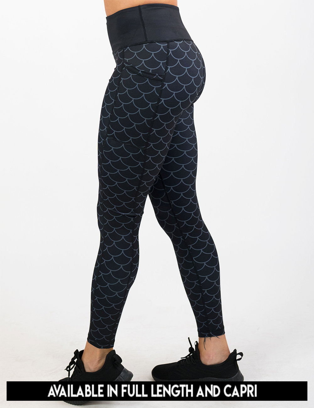 available lengths for the dragon scale outline against a dark background pattern leggings, lengths include full lengths and capri