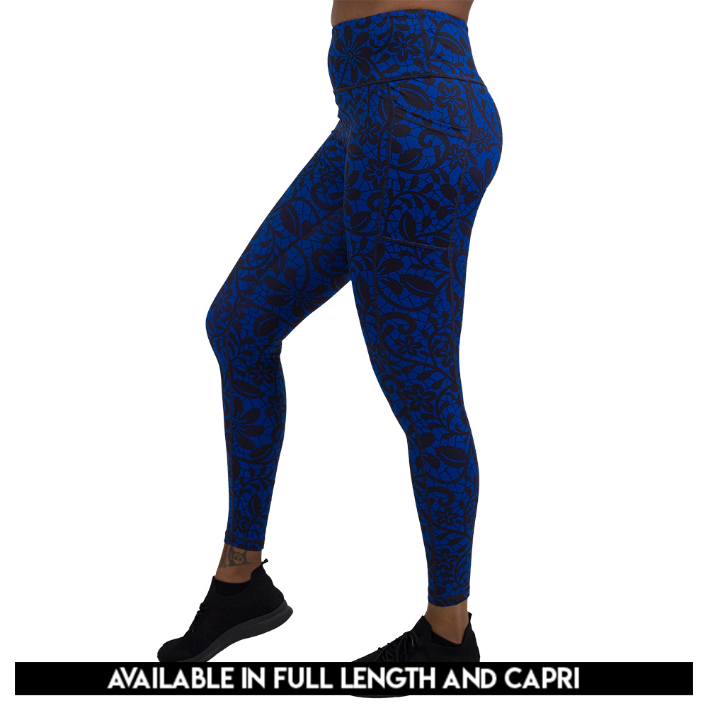 available lengths for the black floral against a dark blue background full length leggings, available lengths include capri and full length