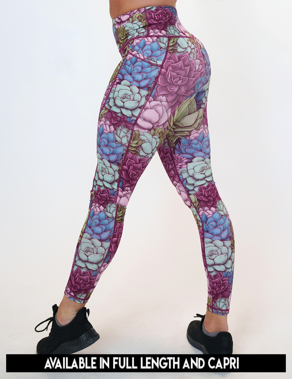 available lengths for the succulent flower leggings, lengths include full length and capri