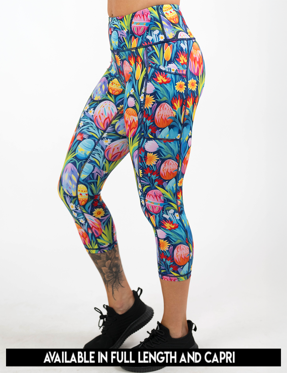 available lengths for the easter eggs in a field of flowers pattern leggings, lengths include full length and capri