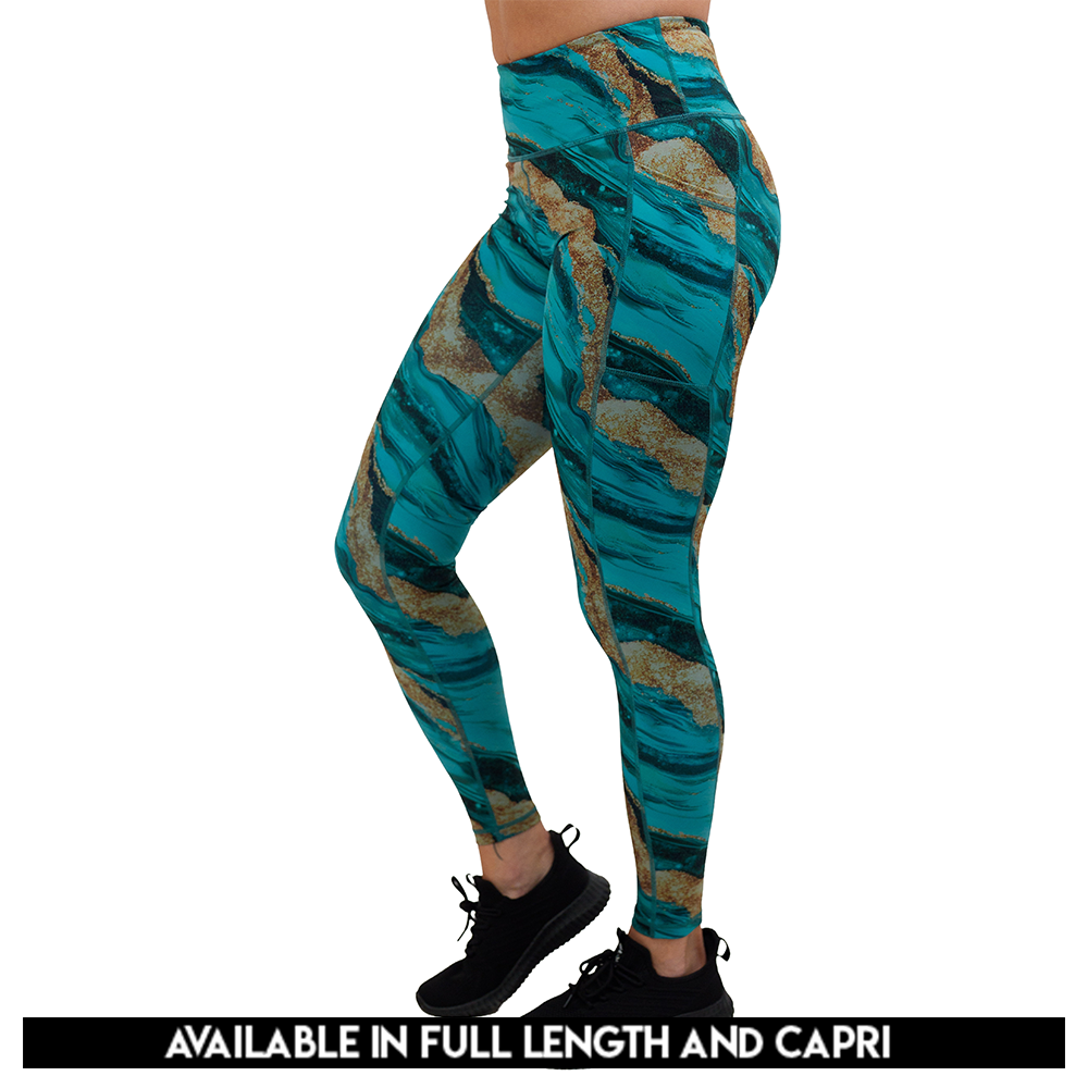 available lengths for blue ocean with gold streaks patterned leggings, lengths include full length and capri