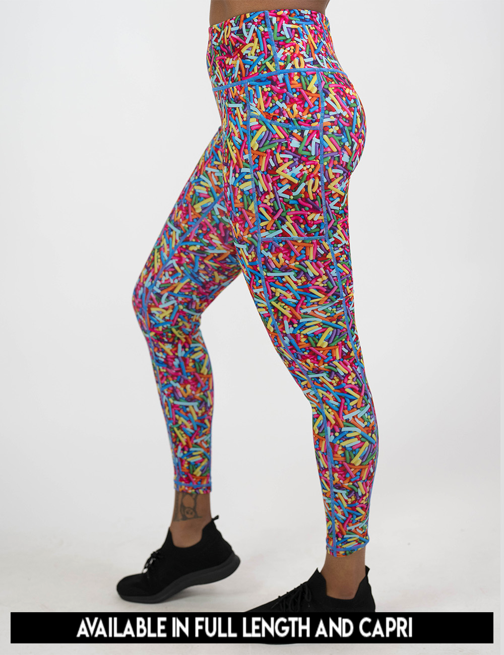 available lengths for the rainbow sprinkles leggings, lengths include full length and capri