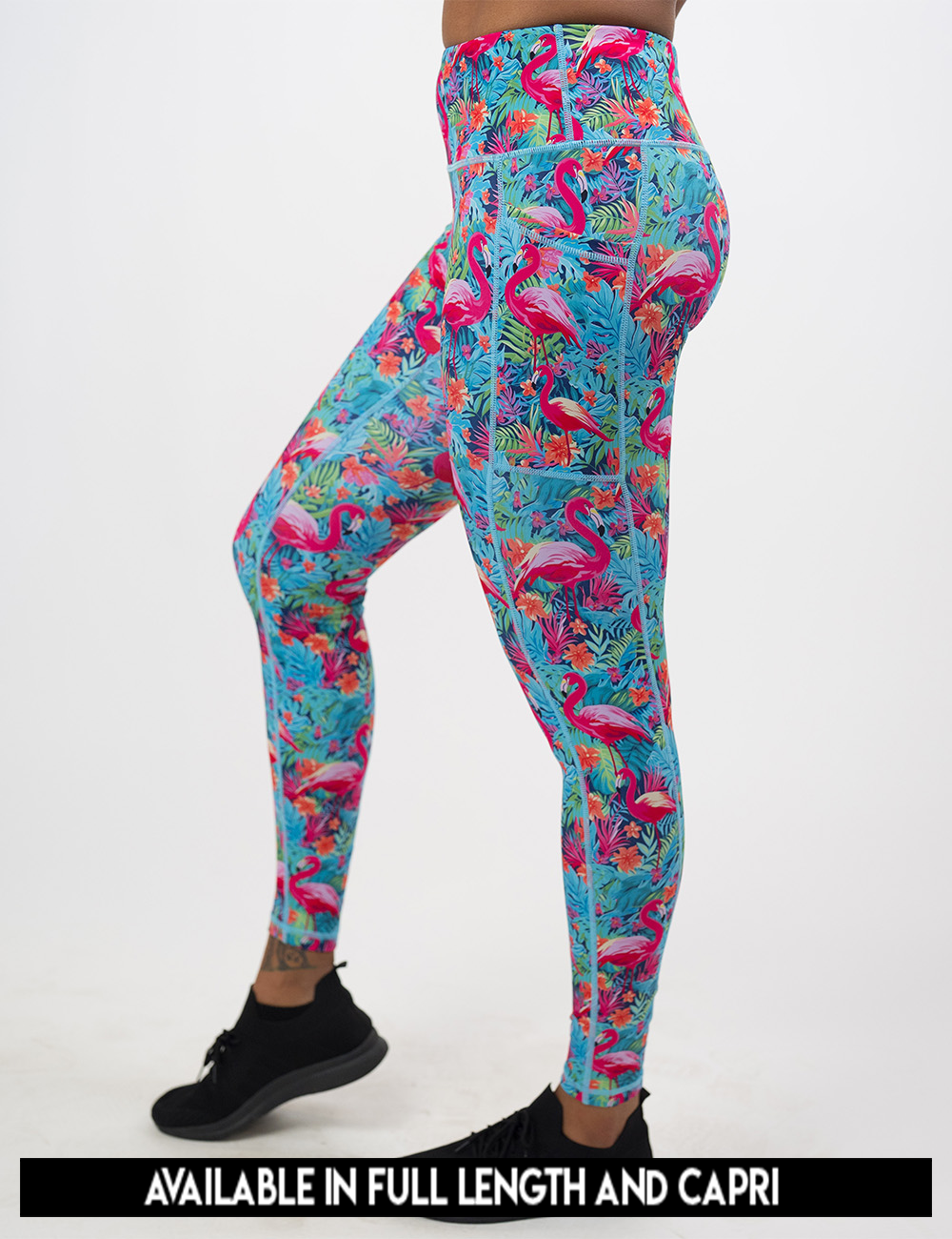 available lengths for the colorful flamingo leggings, lengths available include full length and capri