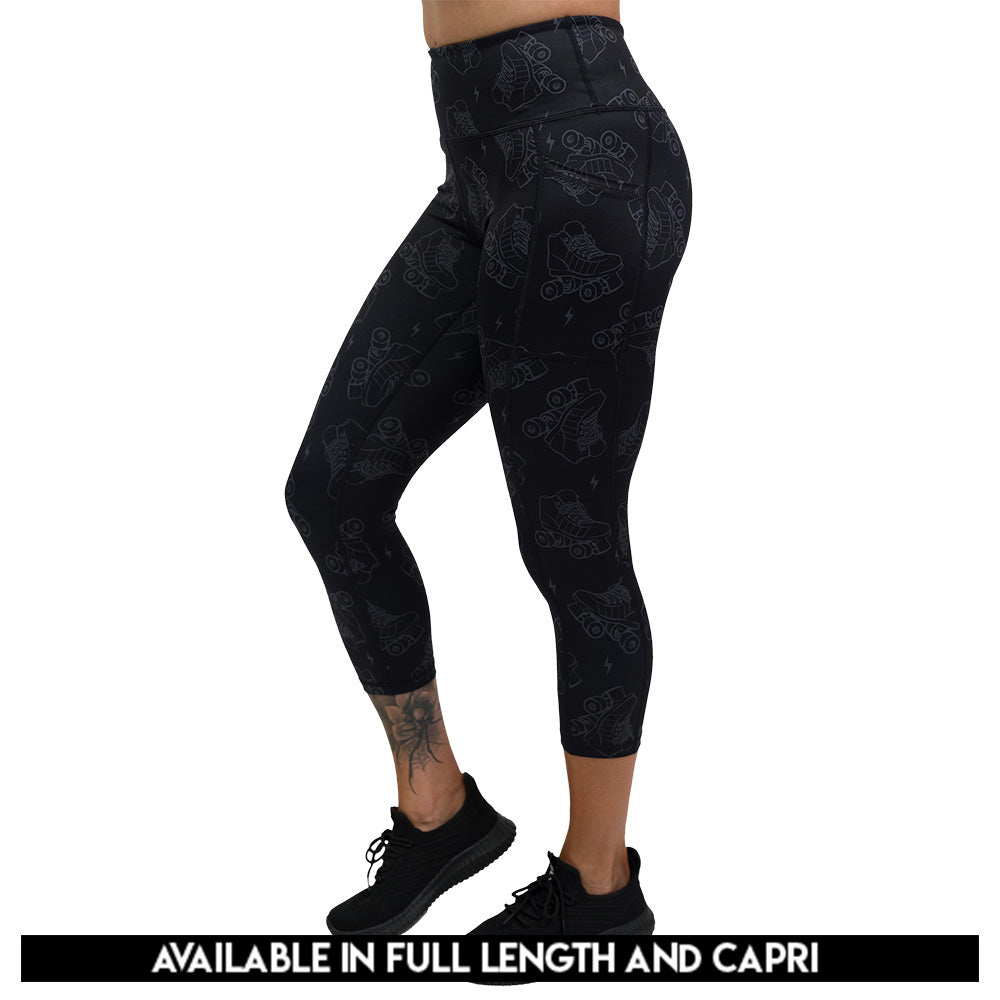 dark roller skates and lighting print leggings available in full length and capri sizes