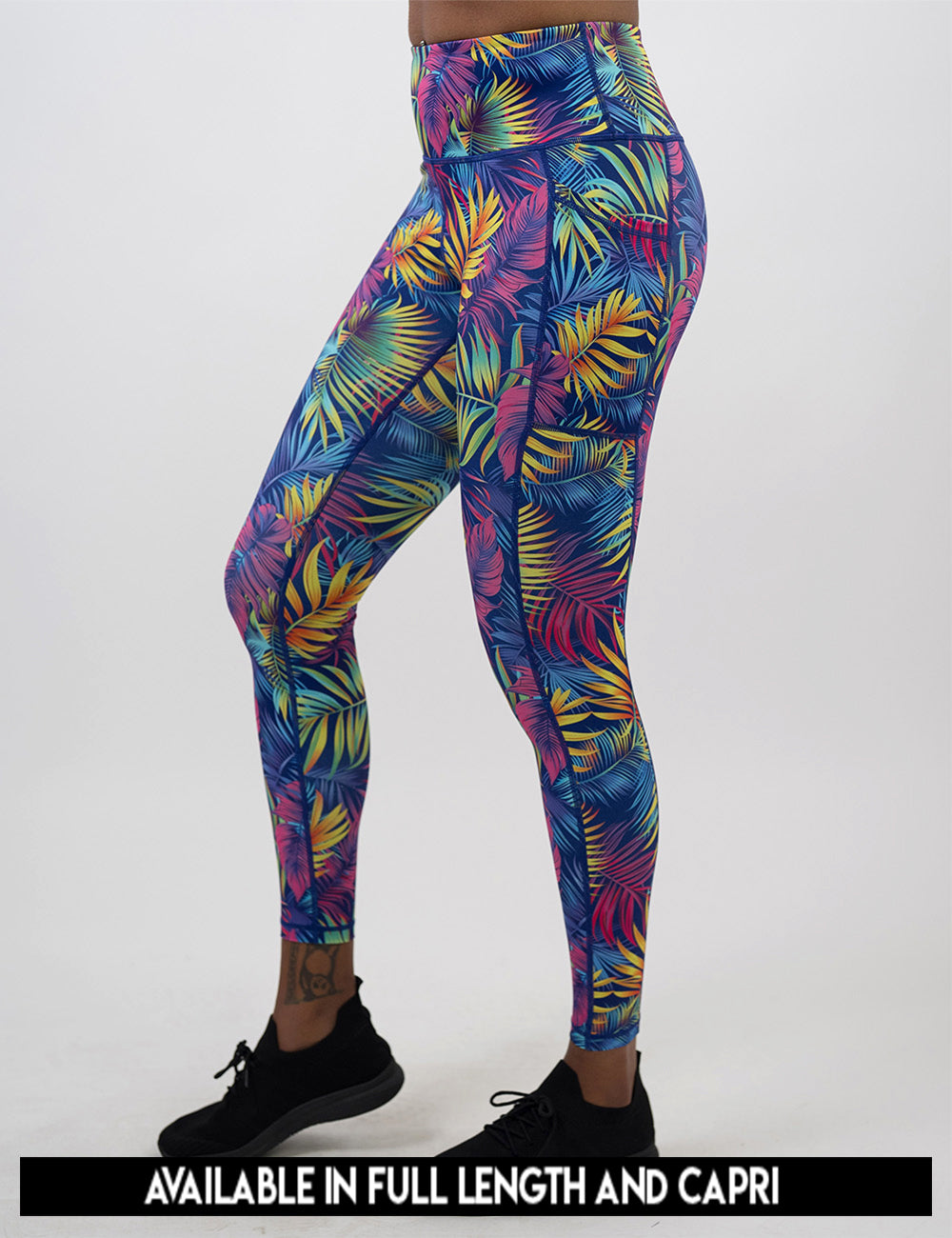available lengths for the vibrant rainforest leaves leggings, lengths include full length and capri