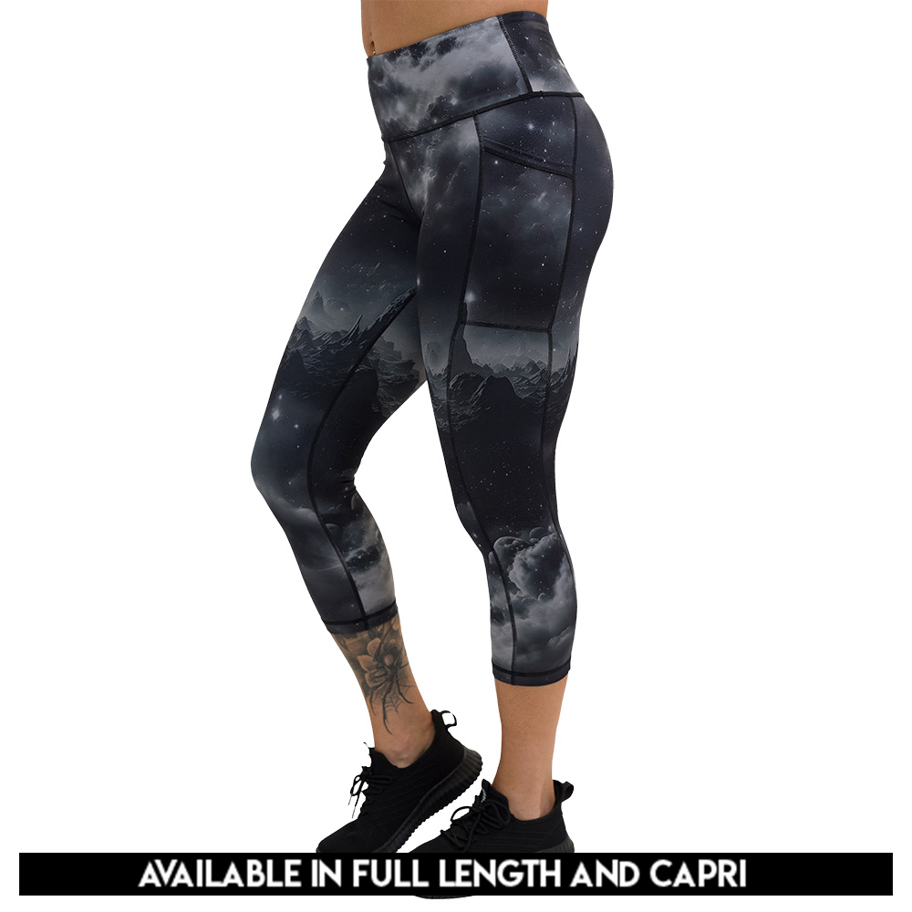available lengths for the black leggings with mountain and star pattern, lengths include full length and capri