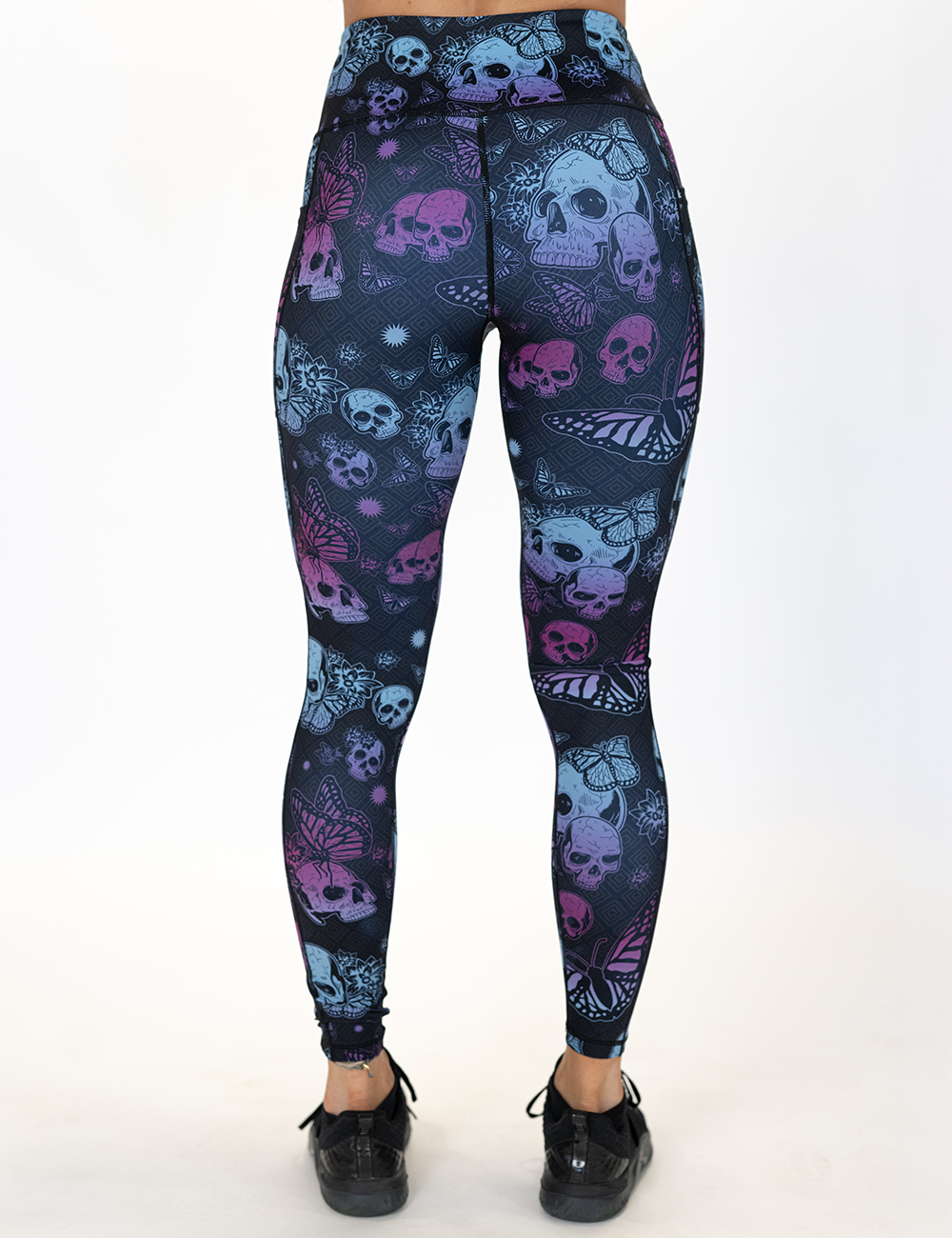 back of the full length blue and purple skulls surrounded by butterflies