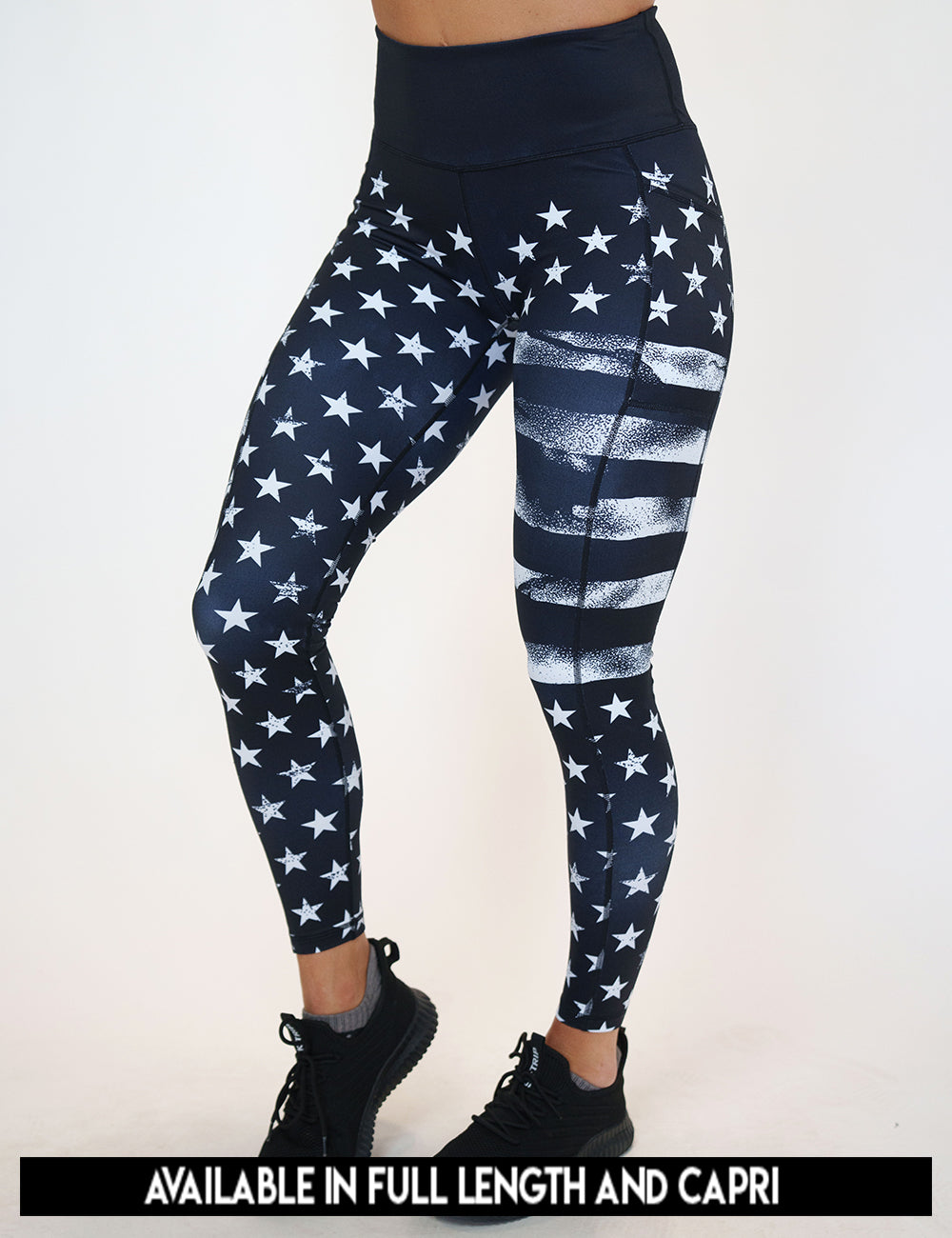 available lengths for the black leggings with white American flag design on it, lengths include full length and capri