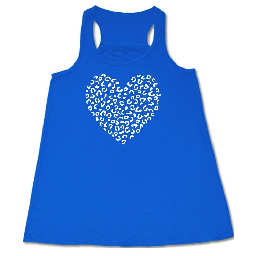 white leopard heart design on a blue racerback tank top