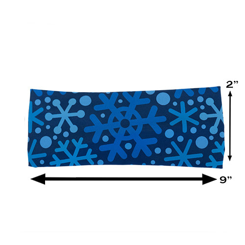 blue snowflake headband measured at 2 inches by 9 inches