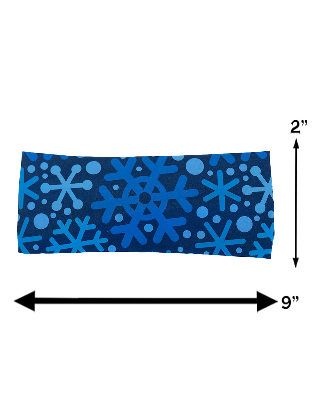 measurements for the blue snowflakes on a dark blue background headband, measurements are 2 inches by 9 inches