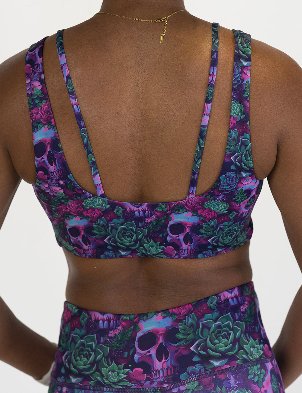 back of the Floral and skull patterned sports bra