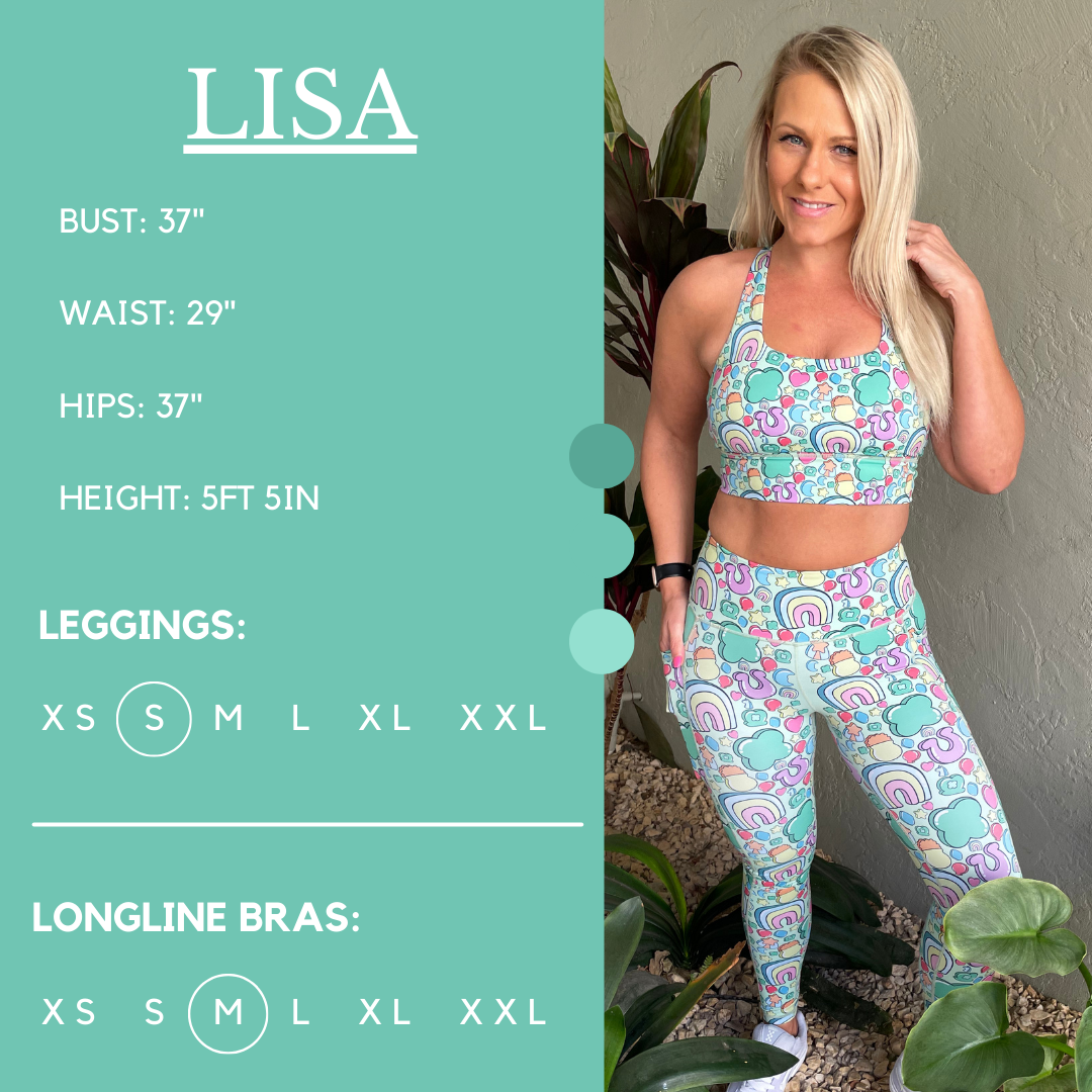 Model’s measurements of 37” bust, 29” waist, 37” hips and height of 5 ft 5 inches. She is wearing a size small in our leggings