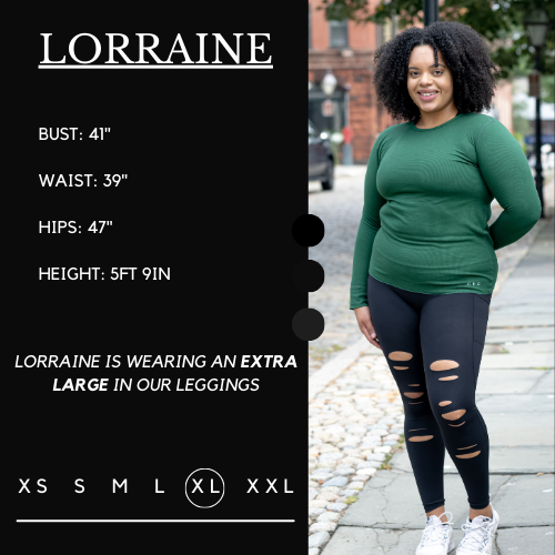 Model's measurements of 41 inch bust, 39 inch waist, 47 inch hips, and height of 5 foot 9 inches. She is wearing a size extra large in these leggings.