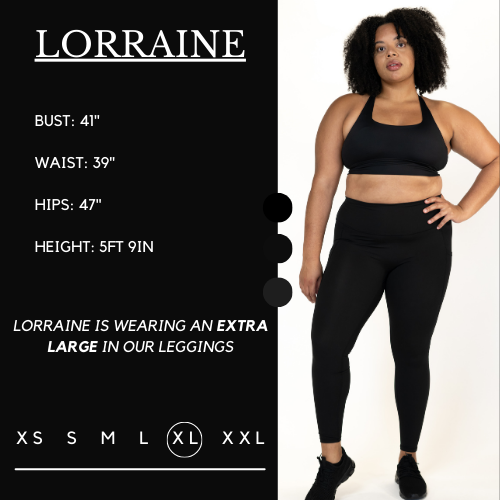 Model's measurements of 41 inch bust, 39 inch waist, 47 inch hips, and height of 5 foot 9 inches. She is wearing a size extra large in these leggings.