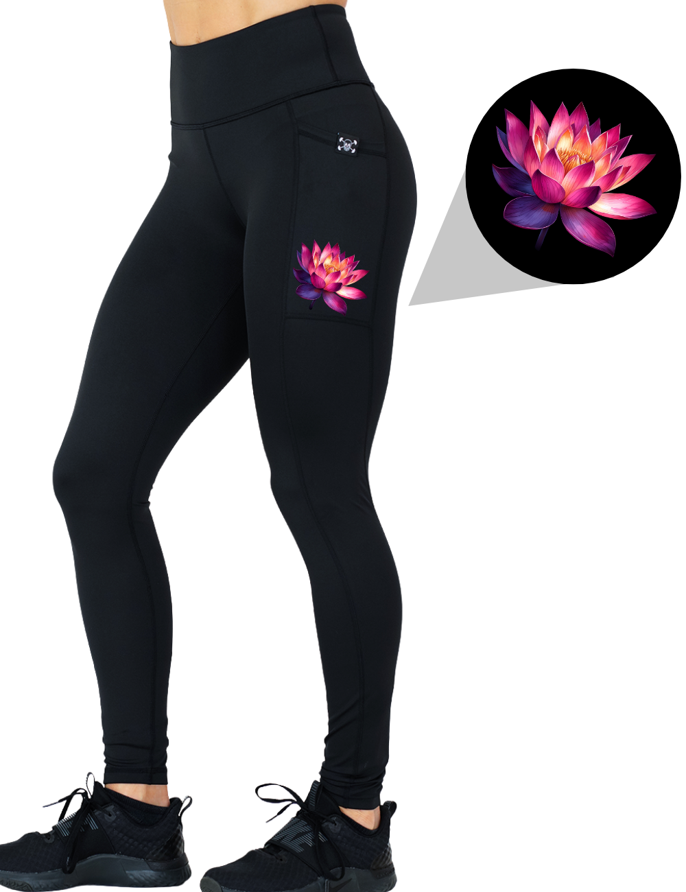 model wearing the lotus graphic full length solid black leggings against a white background