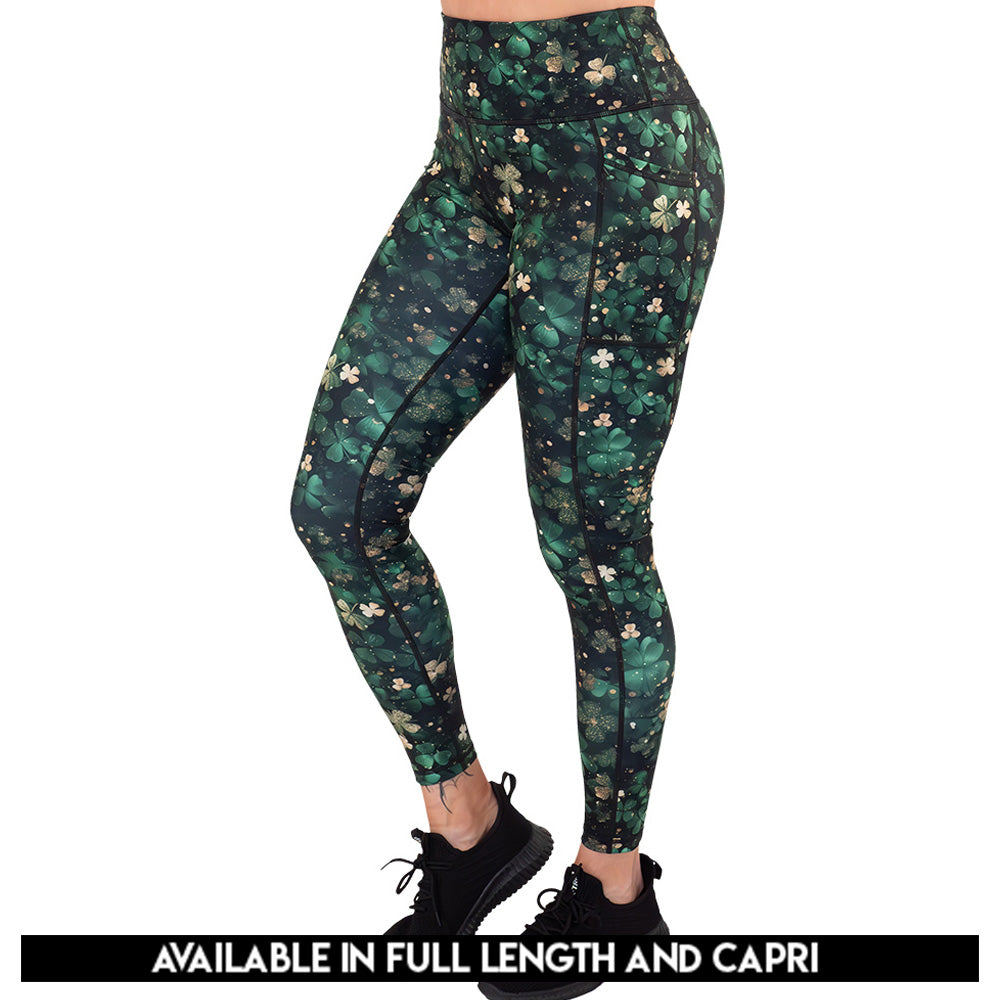green and gold shamrock patterned leggings available in capri and full length