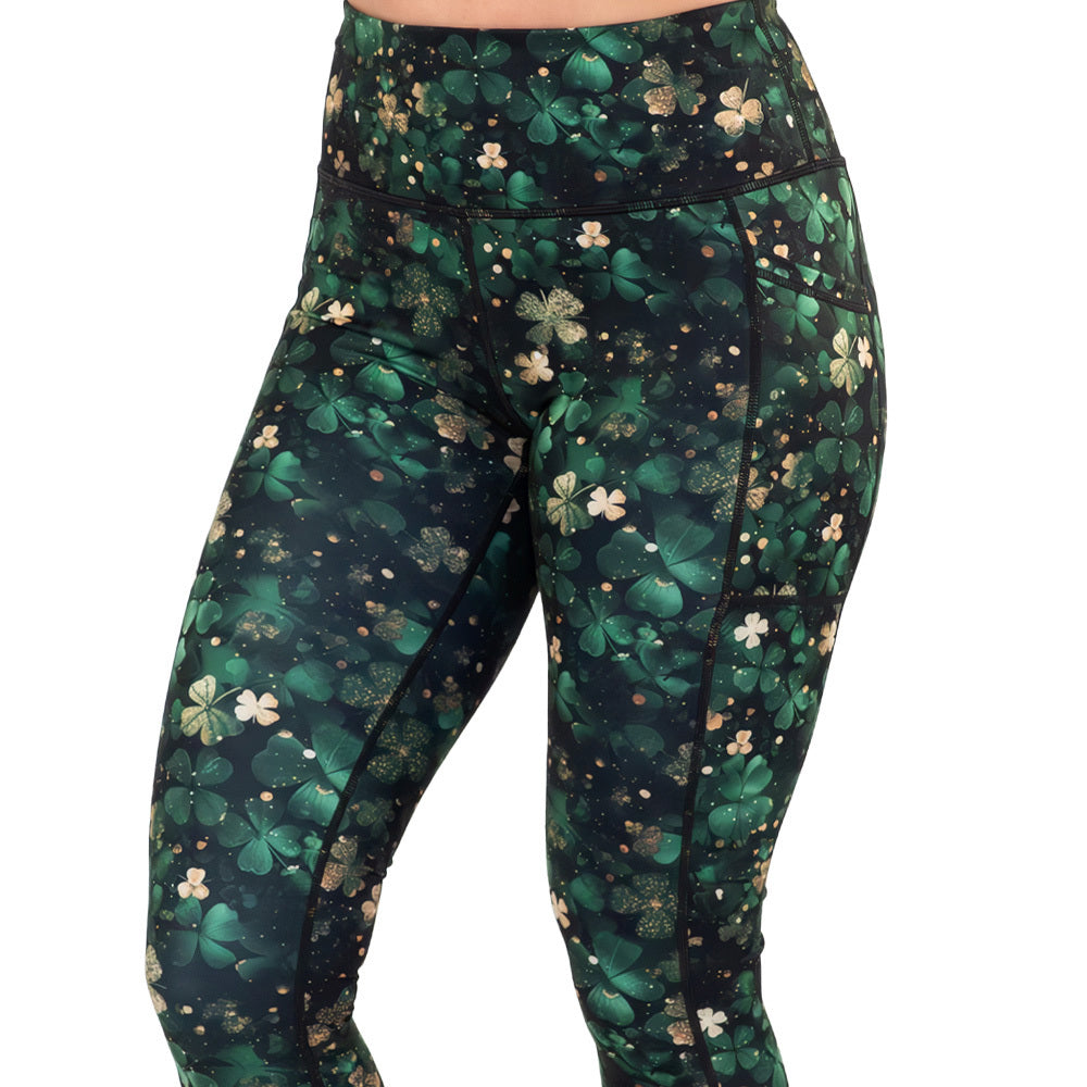green and gold shamrock patterned leggings