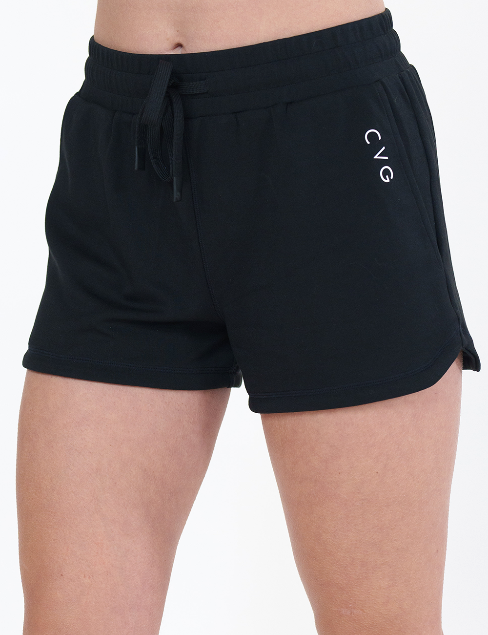 close up of the black drawstring shorts facing the front against a white background
