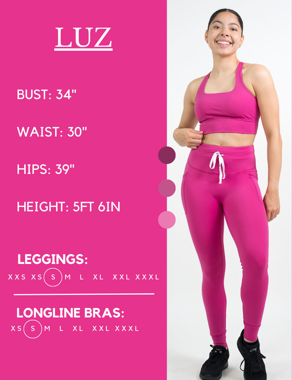 Model’s measurements of 34” bust, 30” waist, 39” hips and height of 5 ft 6 inches. She is wearing a size small in our leggings