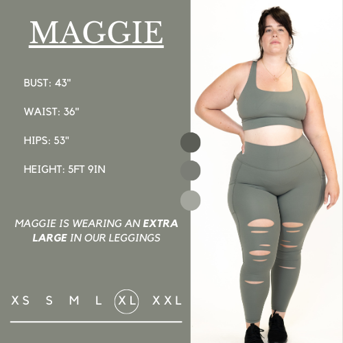 Model's measurements of 43 inch bust, 36 inch waist, 53 inch hips, and height of 5 foot 9 inches. She is wearing a size extra large in these leggings.