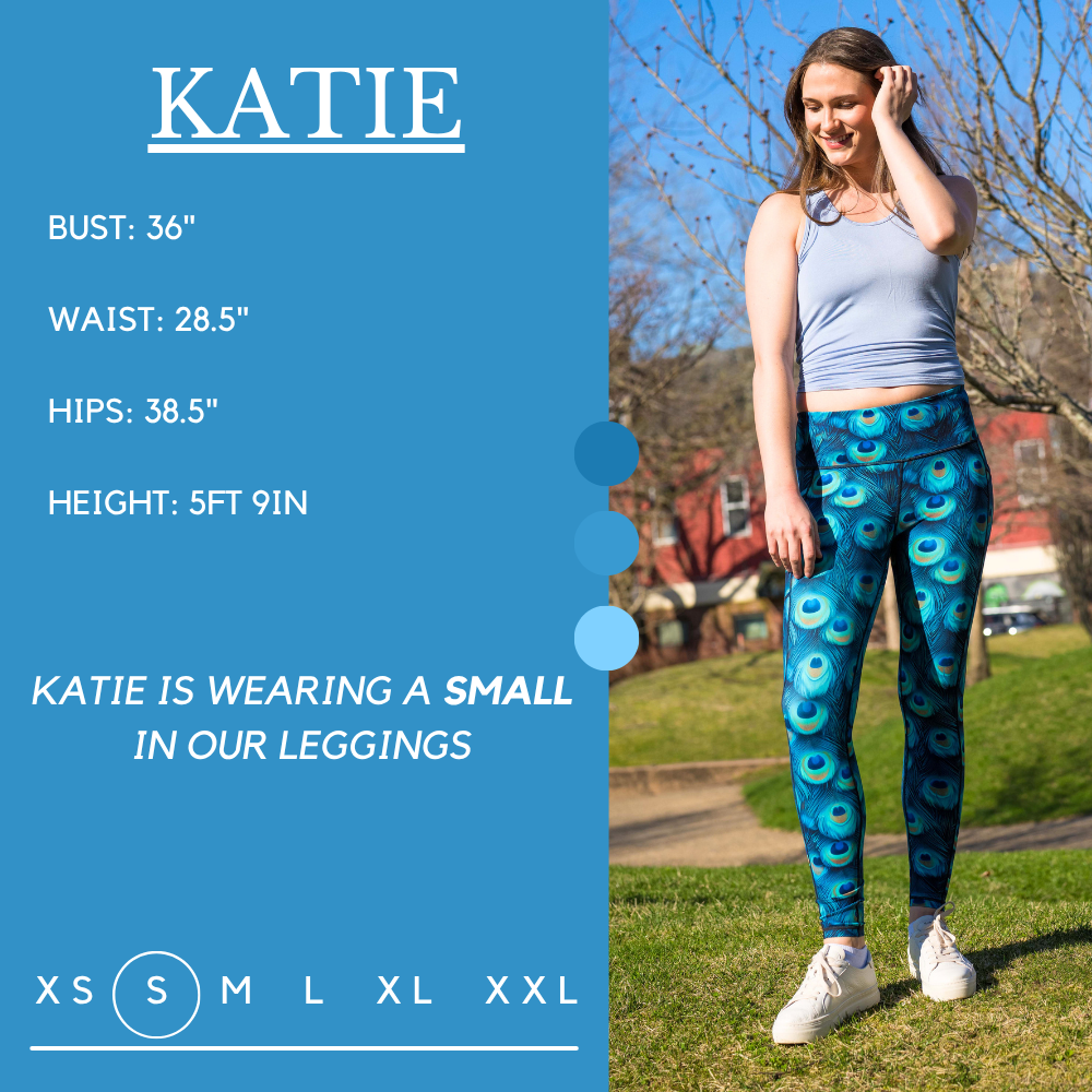 Model’s measurements of 36” bust, 28.5” waist, 38.5” hips and height of 5 ft 9 inches. She is wearing a size small in our leggings