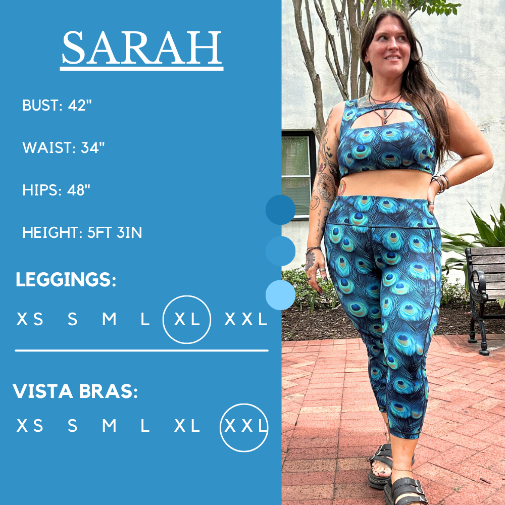Model’s measurements of 46” bust, 38” waist, 51” hips and height of 5 ft 3 inches. She is wearing a size extra large in our leggings