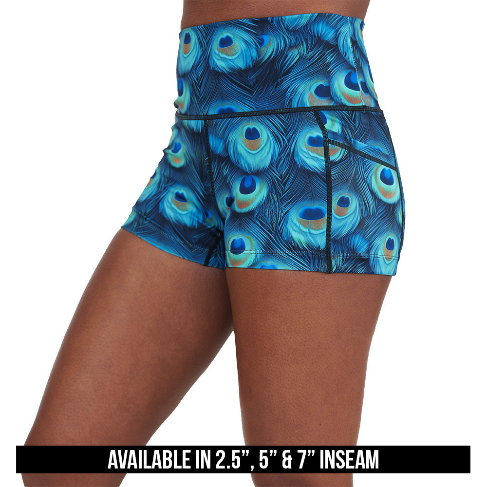 peacock print shorts available in 2.5, 5 & 7 inch inseams