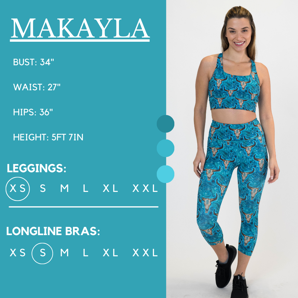 Model’s measurements of 34” bust, 27” waist, 36” hips and height of 5 ft 7 in. She is wearing a size x-small in our leggings