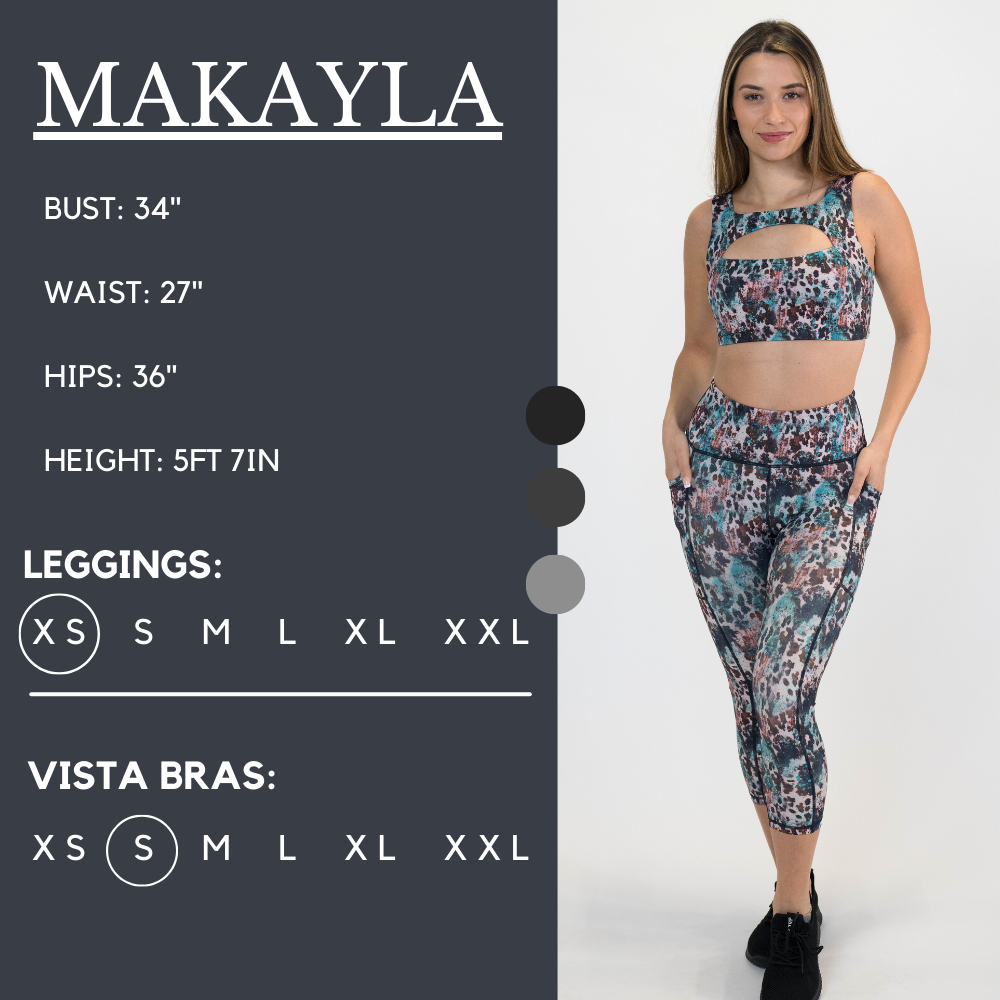 Model’s measurements of 34” bust, 27” waist, 36” hips and height of 5 ft 7 in. She is wearing a size x-small in our leggings