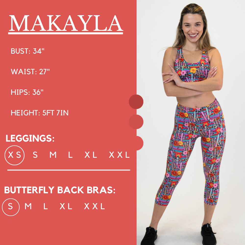 Model’s measurements of 34” bust, 27” waist, 36” hips and height of 5 ft 7 in. She is wearing a size x-small in our leggings