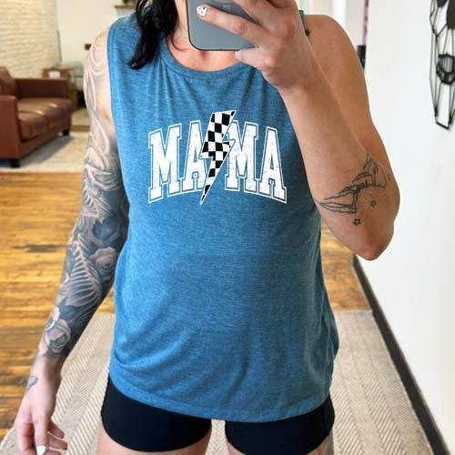 model wearing a deep teal muscle tank with the saying "mama" on it and a checkered lightning bolt.