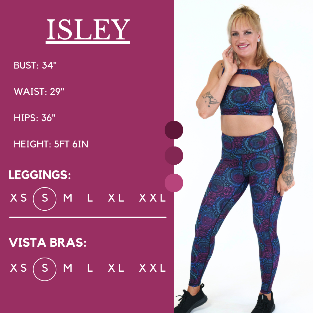 Model’s measurements of 34” bust, 29” waist, 36” hips and height of 5 ft 6 inches. She is wearing a size small in our leggings