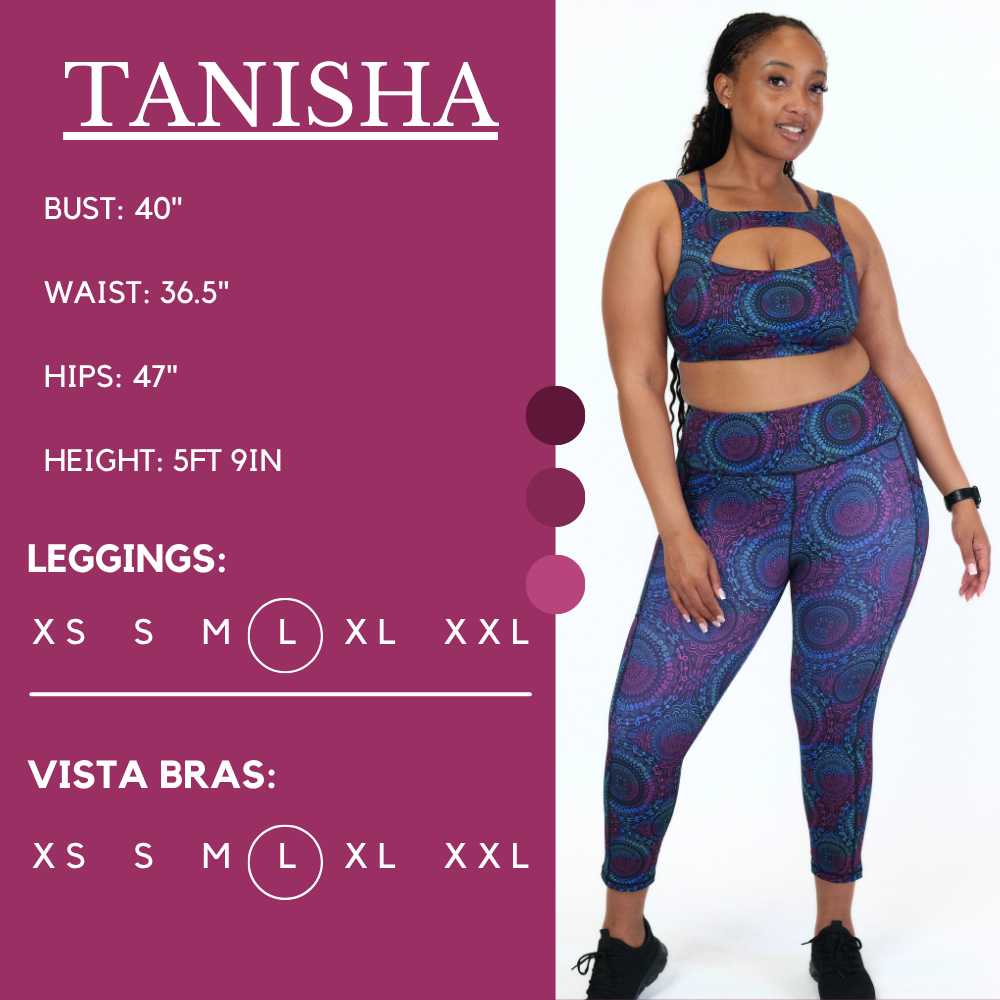 Graphic showing the measurements of a model and what size she wears for the dress. Her bust is 43 inches, waist is 41 inches, hips are 48 inches, and height is 5 foot and 9.5 inches. She wears a large in our leggings and sports bras