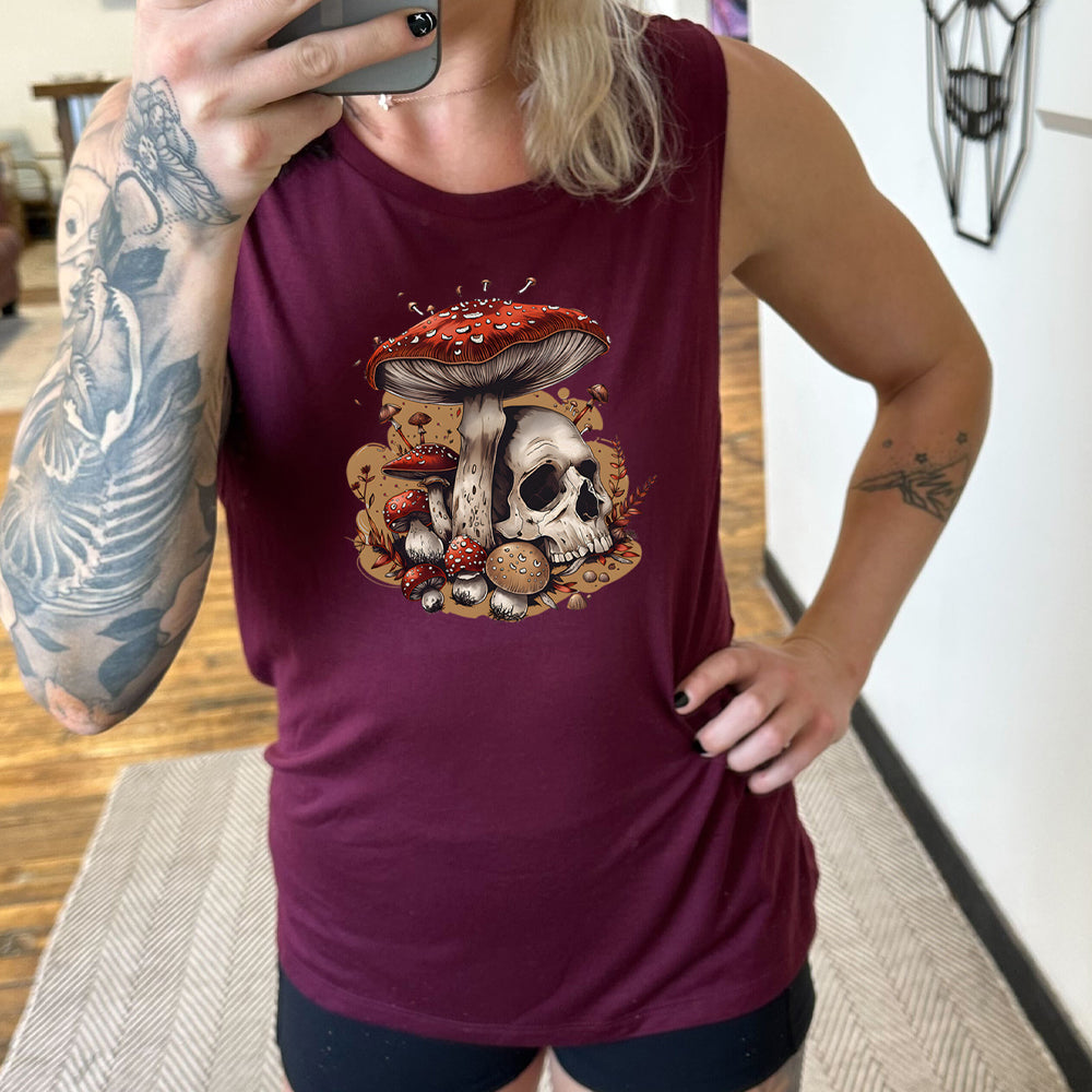 maroon muscle tank with a mushroom skull graphic in the middle