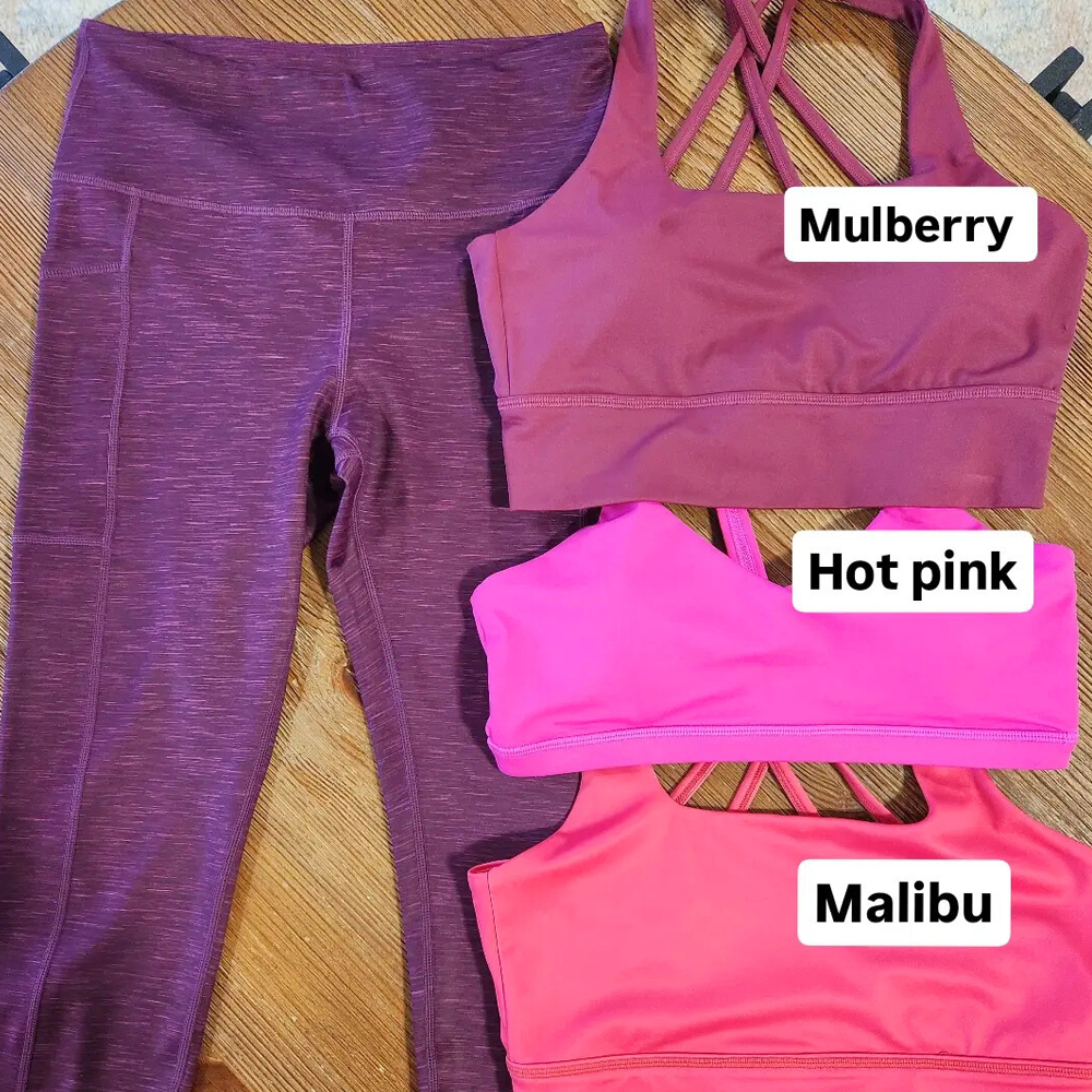 Bra match ups for the Heather Berry Leggings. Bra colors include mulberry, hot pink, and malibu.
