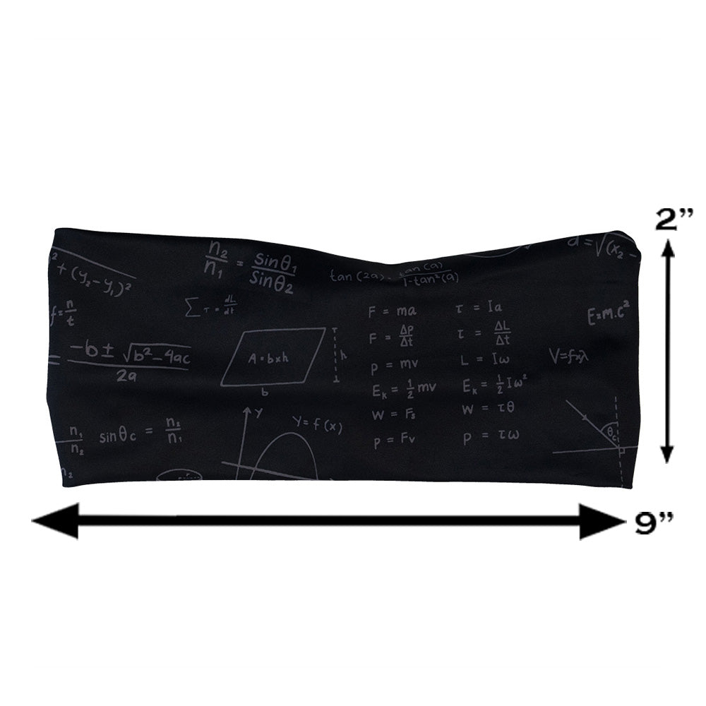 Black headband with mathematical equations and formulas on it measured at 2 by 9 inches