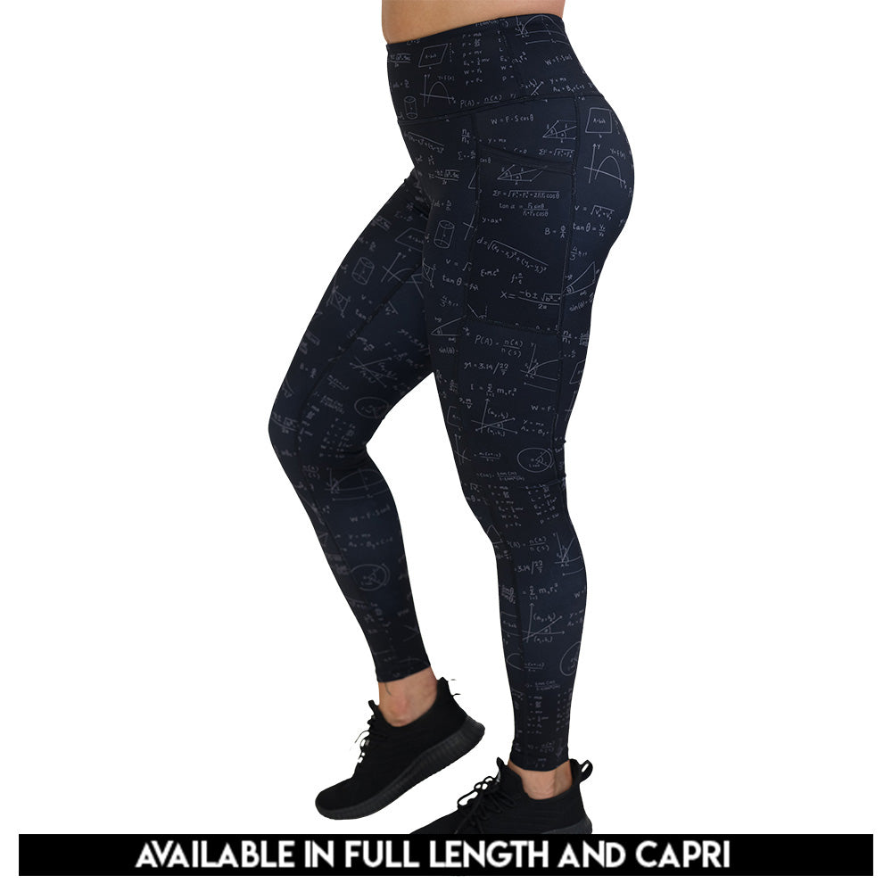 Black leggings with mathematical equations and diagrams on them available in capri and full lengths