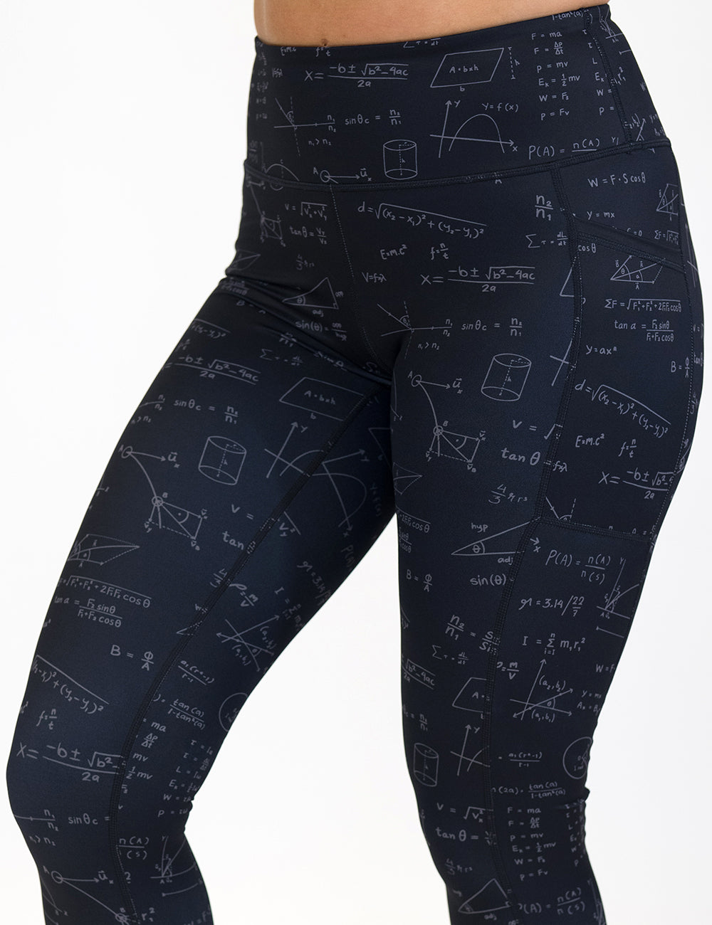 Black leggings with mathematical equations and diagrams on a white background