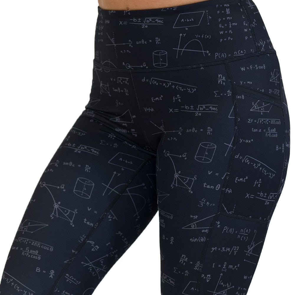 Black leggings with mathematical equations and diagrams on a white background